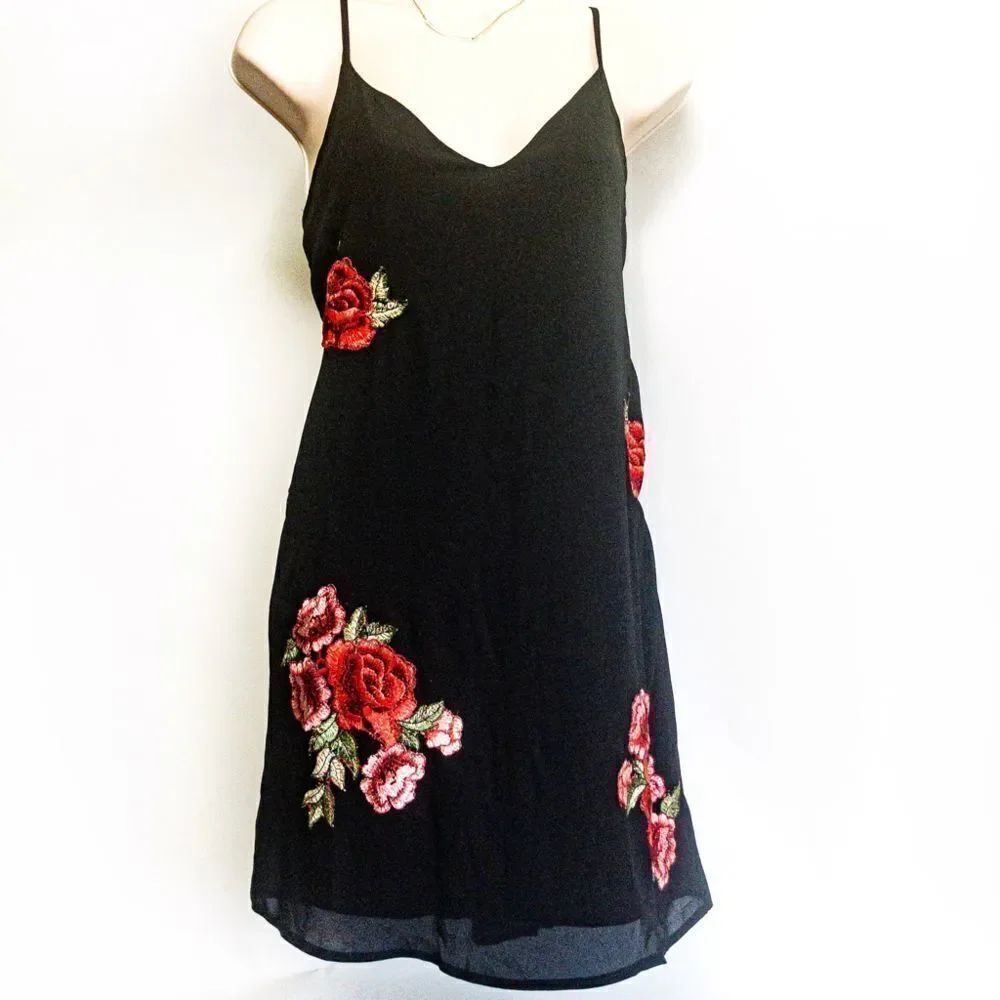 Black Slip Dress Embroidered Red Roses Sz M